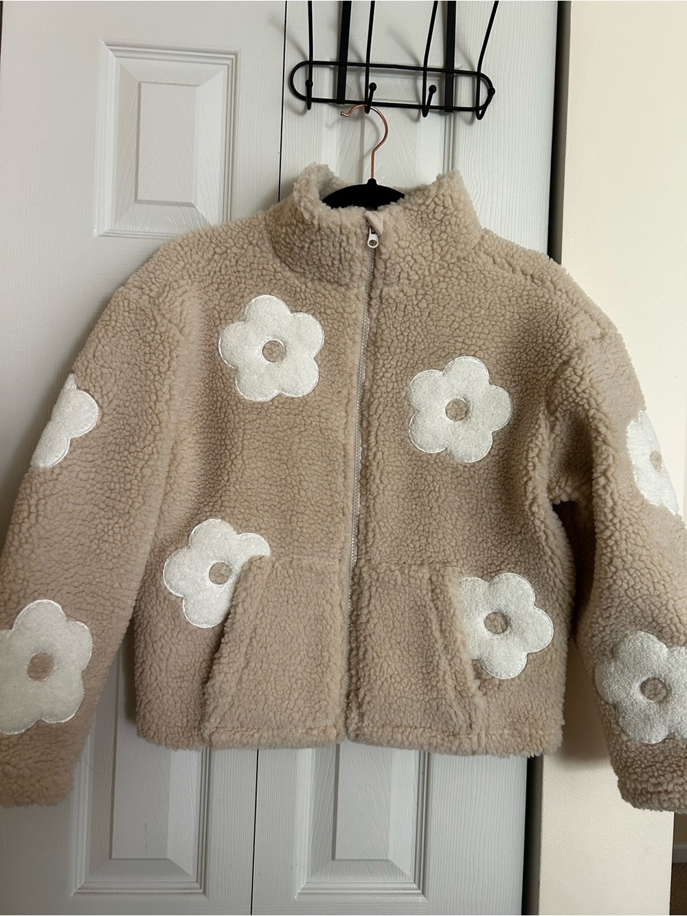 T.J.Maxx Beige Teddy Sherpa Jacket with White Daisy Patches
